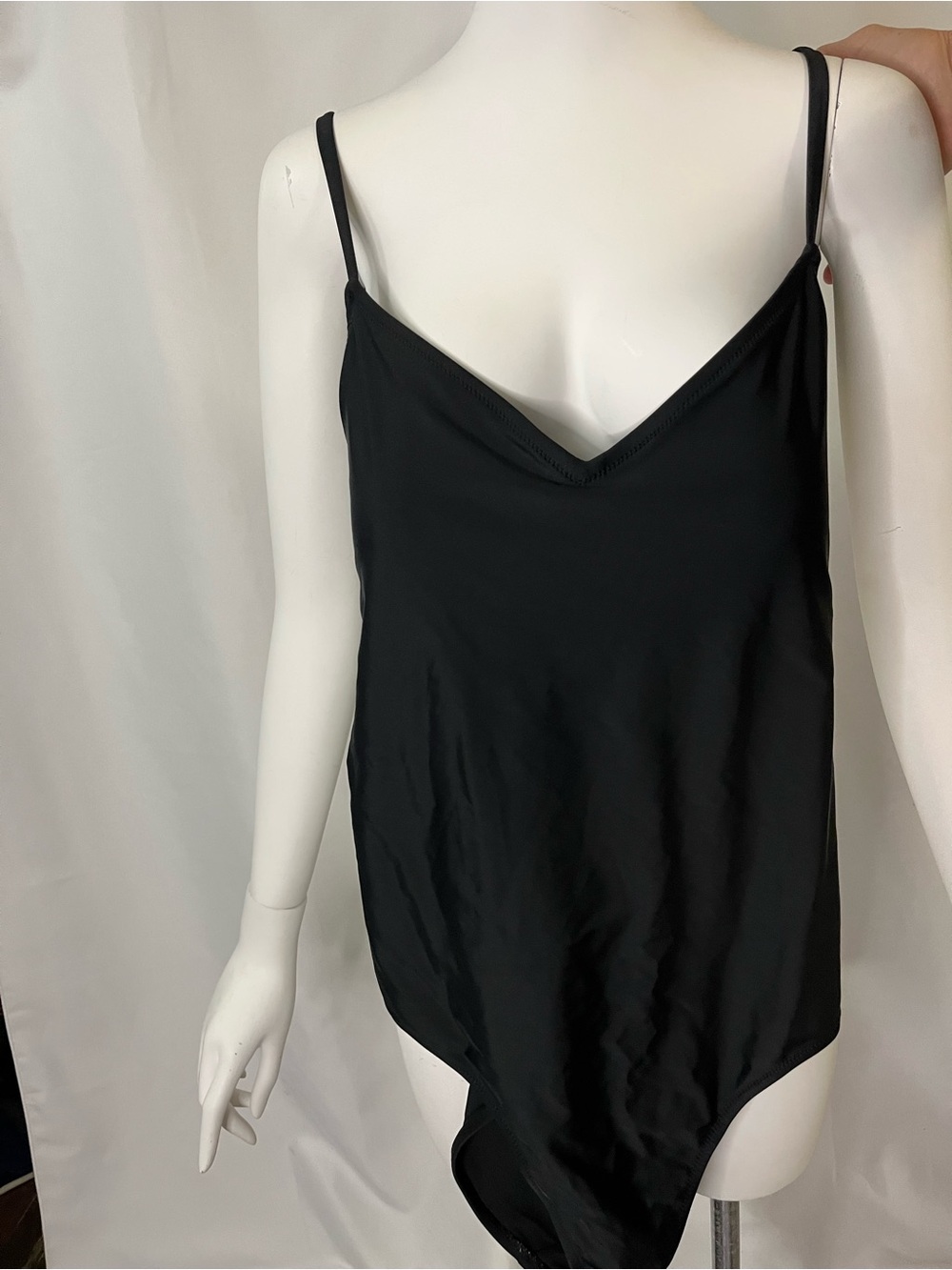 aerie Black V-Neck Satin Cami Bodysuit with Spaghetti Straps
